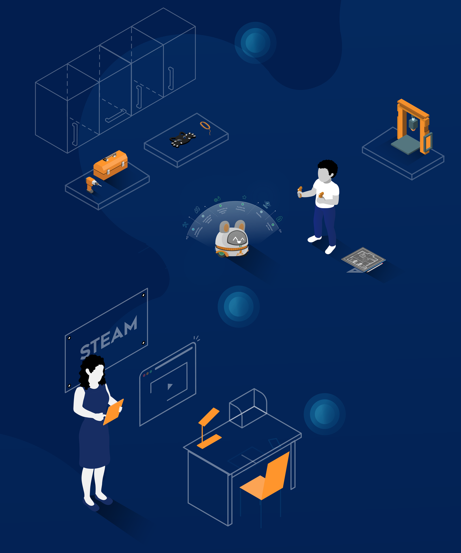 Ilustración de niño trabajando en un robot pequeño y maestra impartiendo clase de modalidad STEAM con fondo azul oscuro