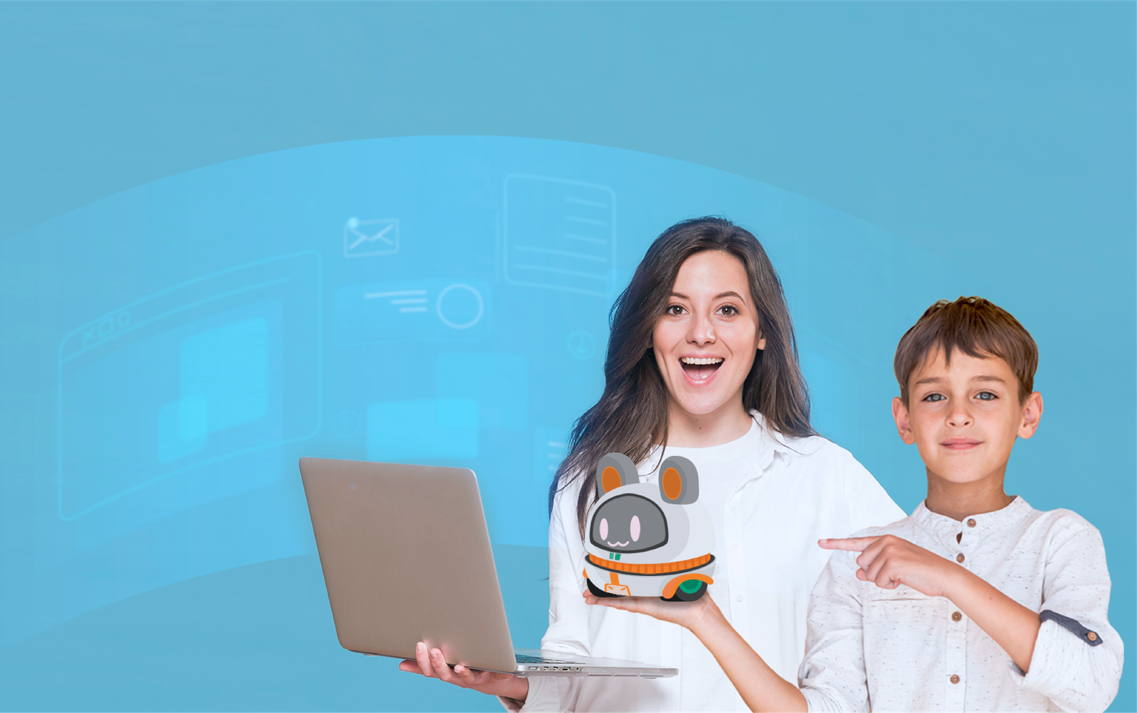 Mujer sosteniendo laptop y niño sosteniendo un Giby sobre su mano y apuntandolo en fondo azúl