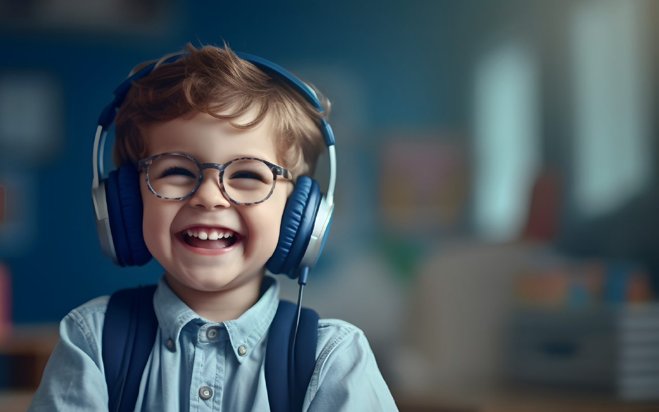 Niño sonriente con lentes y auriculares de diadema con fondo borroso