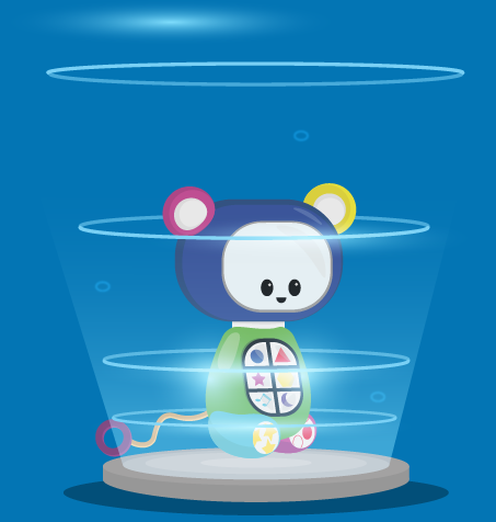 Ilustración de mascota de la empresa sobre plataforma que emana ondas de luz