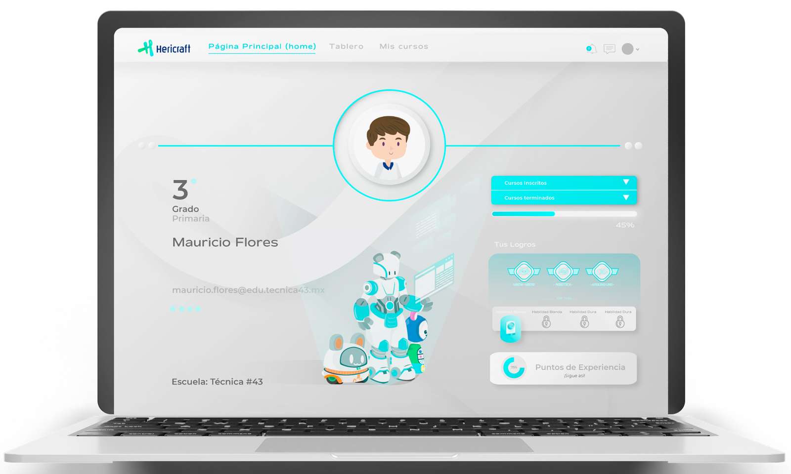 Ilustración de laptop con el perfil de un alumno en pantalla