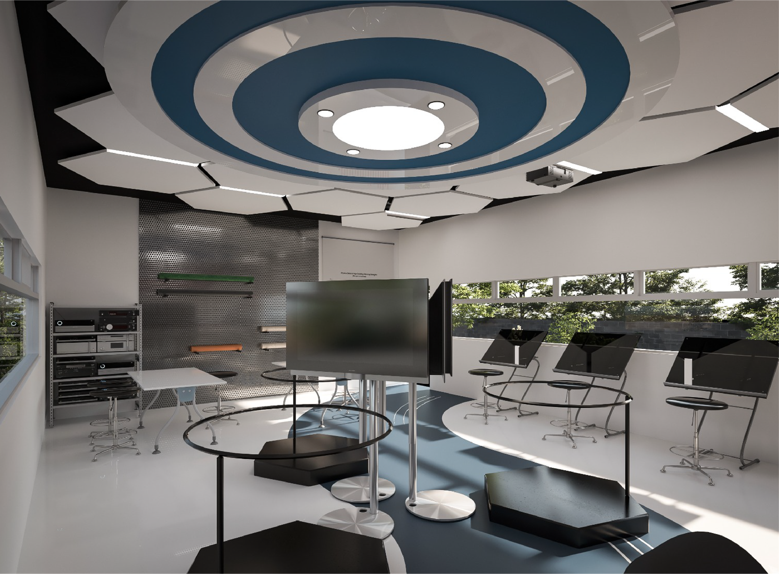 Imagen de sala con monitores, asientos y plataformas de inmersión virtual