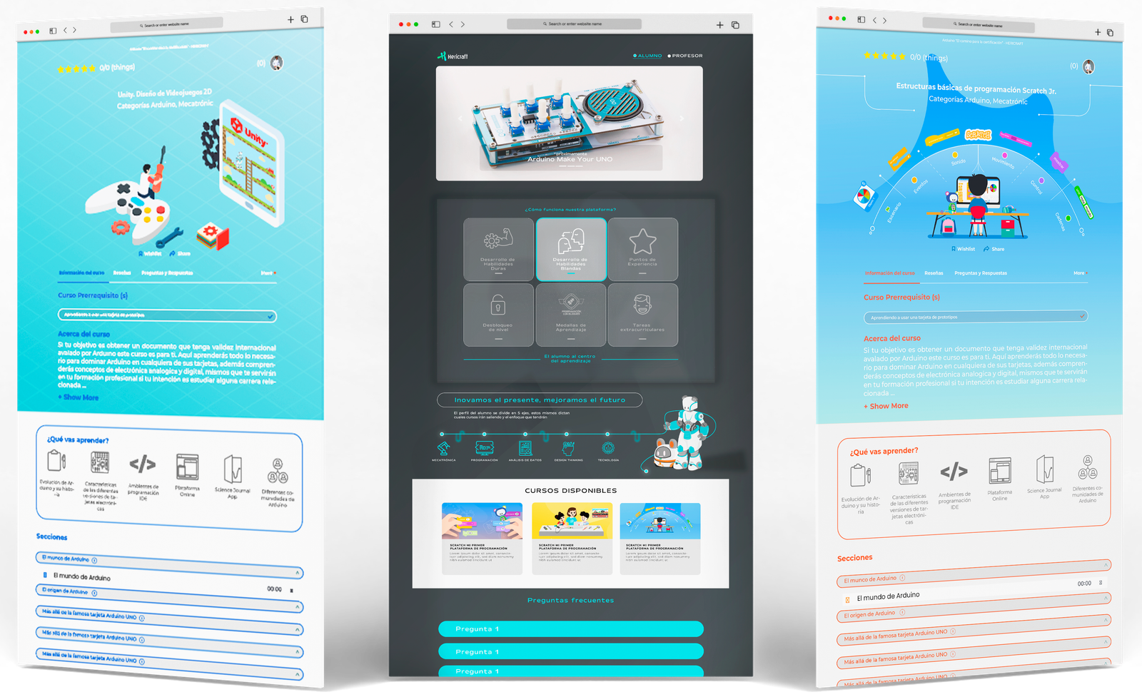 Imagen con tres vistas: portadas de cursos, página principal de Moodle