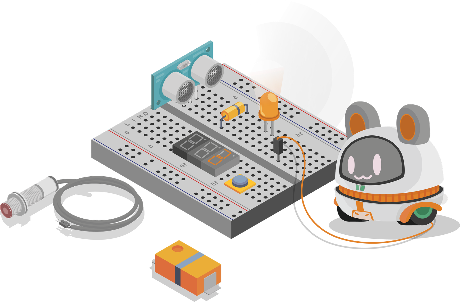 Protoboards con los siguientes componentes conectados: resistencia, led, sensor ultrasónico, pulsador, contador y cable conectado a Giby
